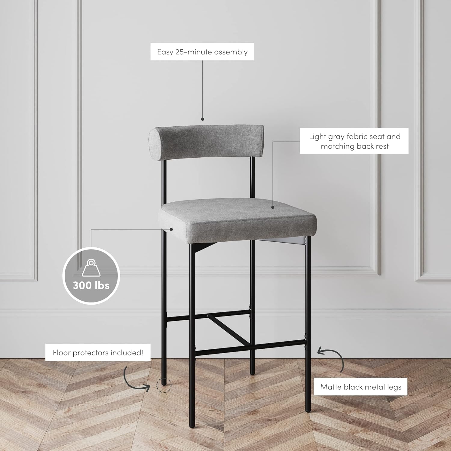 Nathan James Dahlia Counter Height Chair, Modern Barstool with Back, Mid-Century Metal Legs and Padded Cushion for Kitchen, Island and Bars, Light Grey/Black Nathan James Dahlia Counter Height Chair, Modern Barstool with Back, Mid-Century Metal Legs and Padded Cushion for Kitchen, Island and Bars, Light Grey/Black