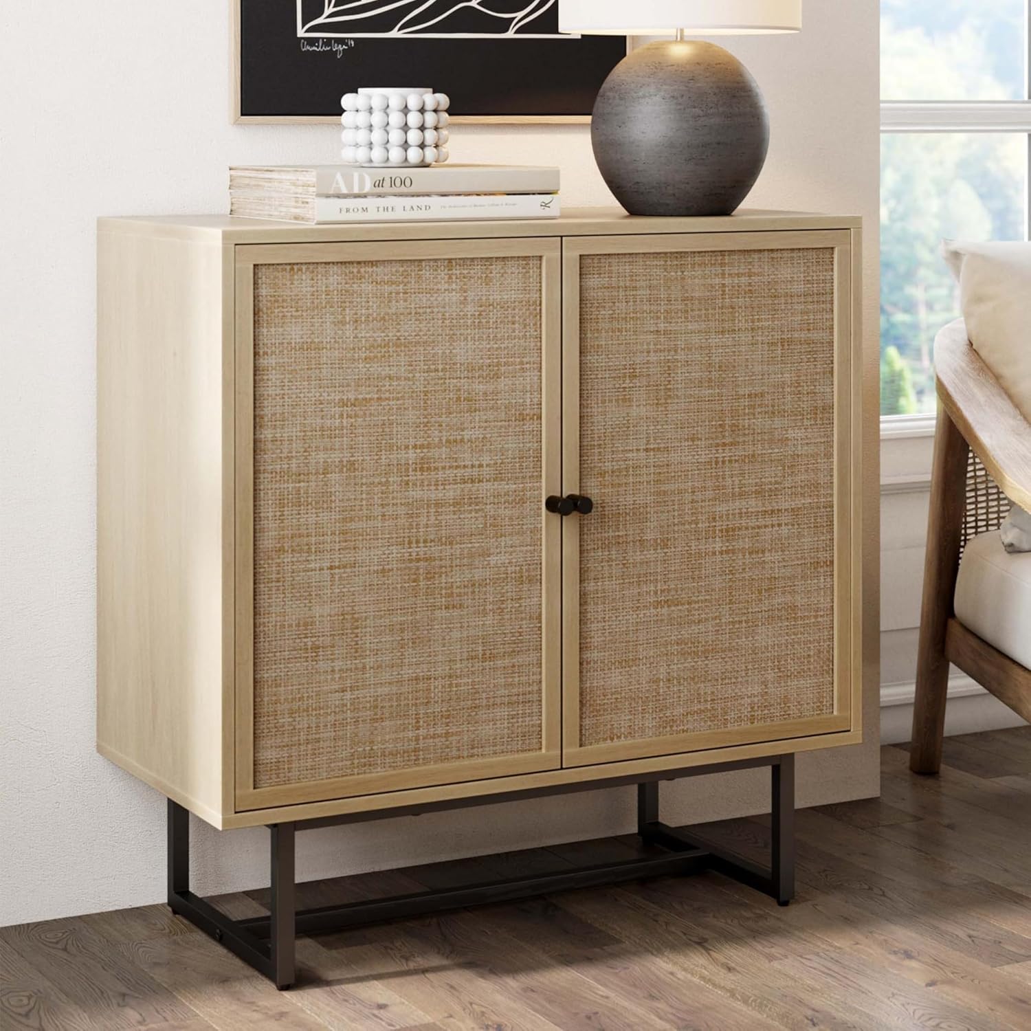 Nathan James Kova Accent Sideboard Storage Cabinet in Light Wood and Rattan with Metal Frame, Adjustable Shelves and Cane Doors, for Hallway, or Living Room, Light Oak/Cane/Black Nathan James Kova Accent Sideboard Storage Cabinet in Light Wood and Rattan with Metal Frame, Adjustable Shelves and Cane Doors, for Hallway, or Living Room, Light Oak/Cane/Black