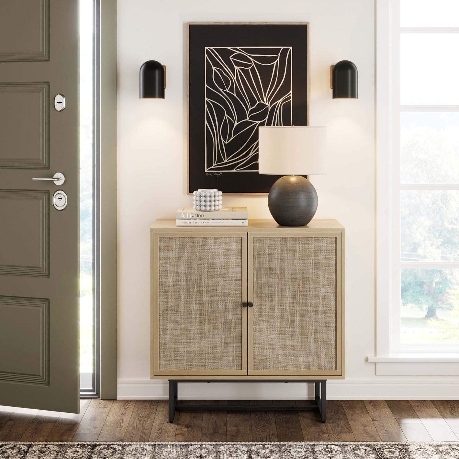 Nathan James Kova Accent Sideboard Storage Cabinet in Light Wood and Rattan with Metal Frame, Adjustable Shelves and Cane Doors, for Hallway, or Living Room, Light Oak/Cane/Black Nathan James Kova Accent Sideboard Storage Cabinet in Light Wood and Rattan with Metal Frame, Adjustable Shelves and Cane Doors, for Hallway, or Living Room, Light Oak/Cane/Black