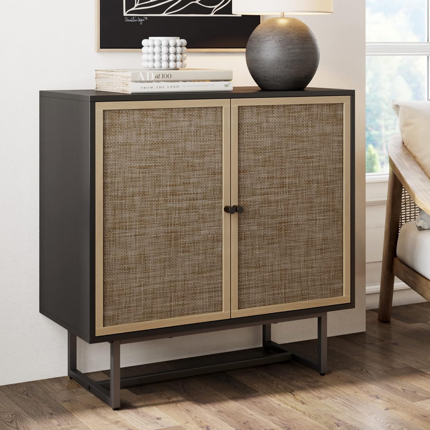 Nathan James Kova Rattan Wood Accent Sideboard Storage Cabinet with Matte Metal Frame, Adjustable Interior Shelves and Cane Doors, for Hallway, Entryway or Living Room, Black Oak/Cane Nathan James Kova Rattan Wood Accent Sideboard Storage Cabinet with Matte Metal Frame, Adjustable Interior Shelves and Cane Doors, for Hallway, Entryway or Living Room, Black Oak/Cane