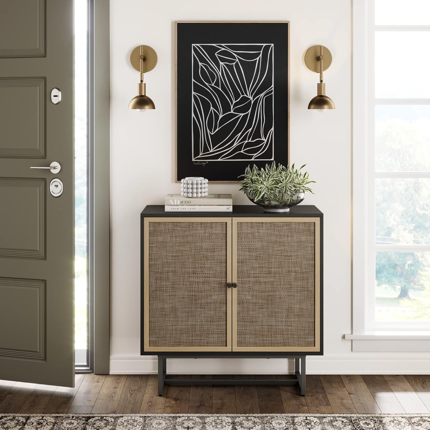 Nathan James Kova Rattan Wood Accent Sideboard Storage Cabinet with Matte Metal Frame, Adjustable Interior Shelves and Cane Doors, for Hallway, Entryway or Living Room, Black Oak/Cane Nathan James Kova Rattan Wood Accent Sideboard Storage Cabinet with Matte Metal Frame, Adjustable Interior Shelves and Cane Doors, for Hallway, Entryway or Living Room, Black Oak/Cane