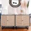 Nathan James Kova Rattan Wood Accent Sideboard Storage Cabinet with Matte Metal Frame, Adjustable Interior Shelves and Cane Doors, for Hallway, Entryway or Living Room, Black Oak/Cane Nathan James Kova Rattan Wood Accent Sideboard Storage Cabinet with Matte Metal Frame, Adjustable Interior Shelves and Cane Doors, for Hallway, Entryway or Living Room, Black Oak/Cane