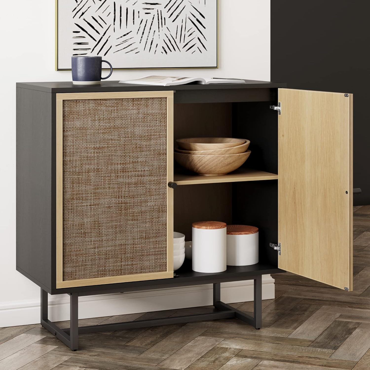 Nathan James Kova Rattan Wood Accent Sideboard Storage Cabinet with Matte Metal Frame, Adjustable Interior Shelves and Cane Doors, for Hallway, Entryway or Living Room, Black Oak/Cane Nathan James Kova Rattan Wood Accent Sideboard Storage Cabinet with Matte Metal Frame, Adjustable Interior Shelves and Cane Doors, for Hallway, Entryway or Living Room, Black Oak/Cane