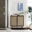 Nathan James Kova Bohemian Rattan Accent Sideboard Storage Cabinet, with Doors and Matte Black Legs, Dark Brown/Black