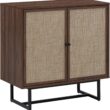 Nathan James Kova Bohemian Rattan Accent Sideboard Storage Cabinet, with Doors and Matte Black Legs, Dark Brown/Black
