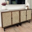 Nathan James Kova Bohemian Rattan Accent Sideboard Storage Cabinet, with Doors and Matte Black Legs, Dark Brown/Black