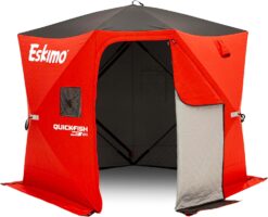 Eskimo QuickFish 3HD, Pop-Up Portable Shelter, No-Trip Door, Red/Black, Fully Insulated, Deluxe Ice Anchors, Three Person, Ice Fishing Shelter, 46075
