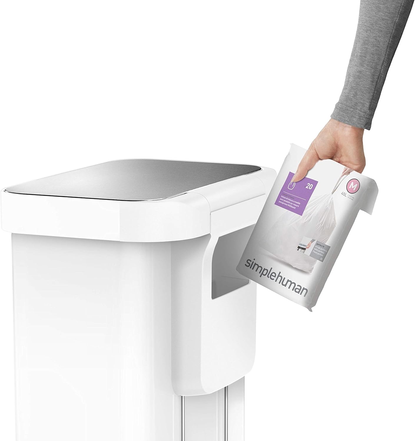 simplehuman Kitchen Trash Can with Lid, Touchless Waste Bin, Large 45 Liter, Rectangular, White Stainless Steel simplehuman Kitchen Trash Can with Lid, Touchless Waste Bin, Large 45 Liter, Rectangular, White Stainless Steel