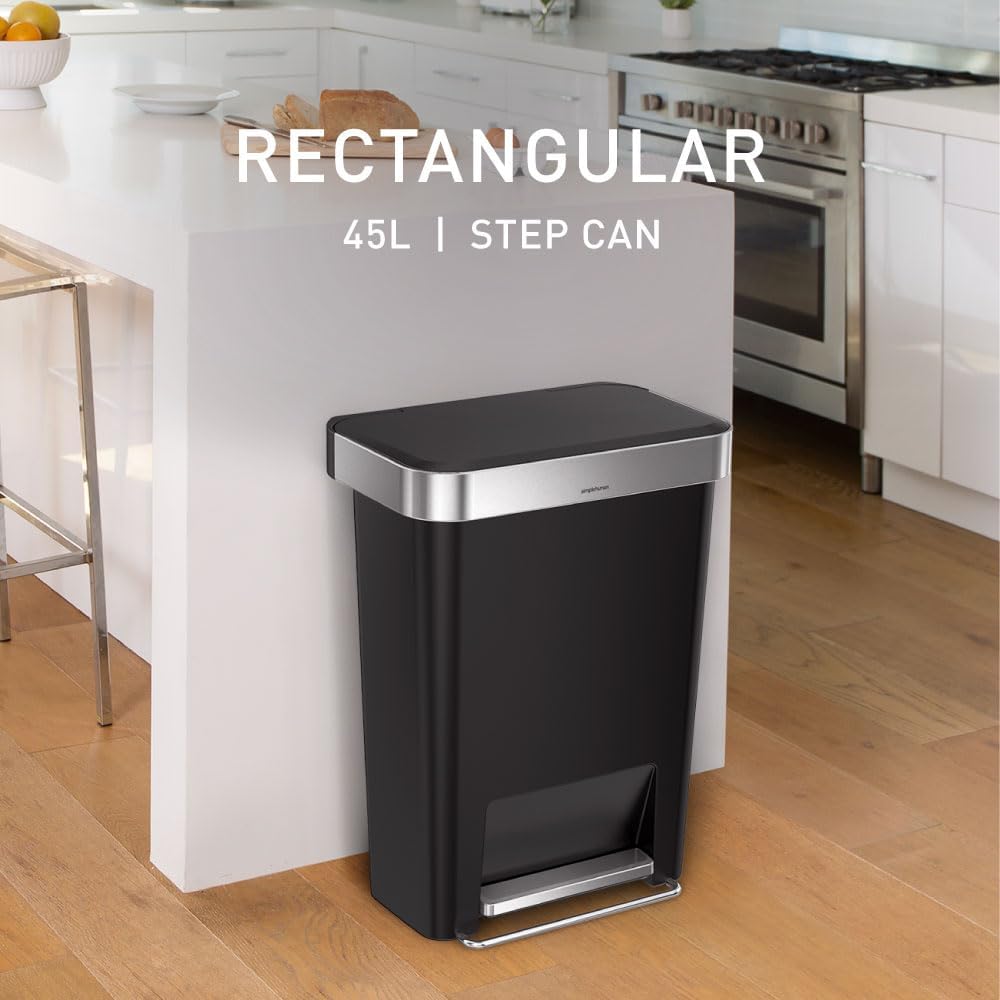 simplehuman 45 Liter / 12 Gallon Rectangular Kitchen Step Trash Can with Soft-Close Lid, Black Plastic simplehuman 45 Liter / 12 Gallon Rectangular Kitchen Step Trash Can with Soft-Close Lid, Black Plastic