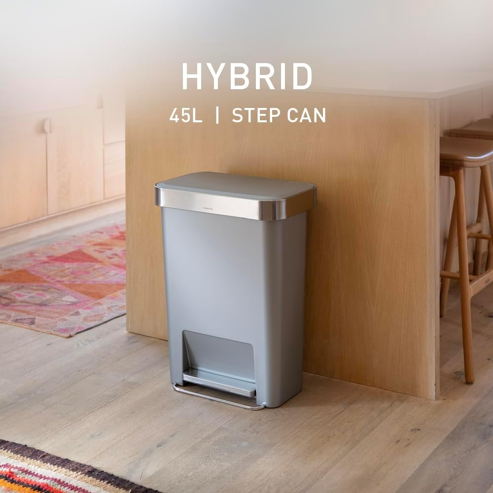 simplehuman Hybrid Step Can, 45 Liter / 12 Gallon Rectangular Kitchen Trash Can, Wide Stable Base with Long-Lasting Steel Pedal, Neat and Secure Liner Rim with Built-in Liner Pocket, Alloy Plastic simplehuman Hybrid Step Can, 45 Liter / 12 Gallon Rectangular Kitchen Trash Can, Wide Stable Base with Long-Lasting Steel Pedal, Neat and Secure Liner Rim with Built-in Liner Pocket, Alloy Plastic