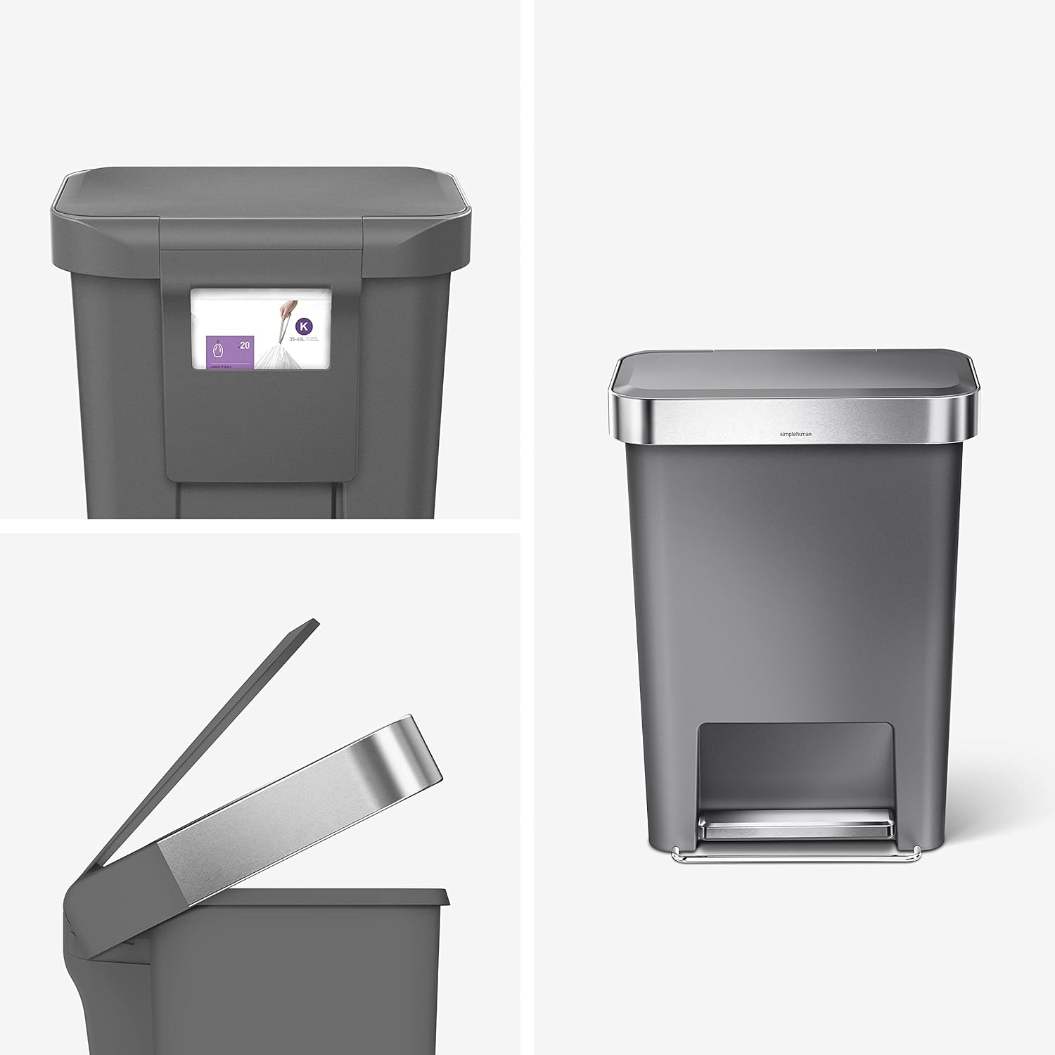 simplehuman 45 Liter / 12 Gallon Rectangular Kitchen Step Trash Can with Soft-Close Lid, Grey Plastic simplehuman 45 Liter / 12 Gallon Rectangular Kitchen Step Trash Can with Soft-Close Lid, Grey Plastic