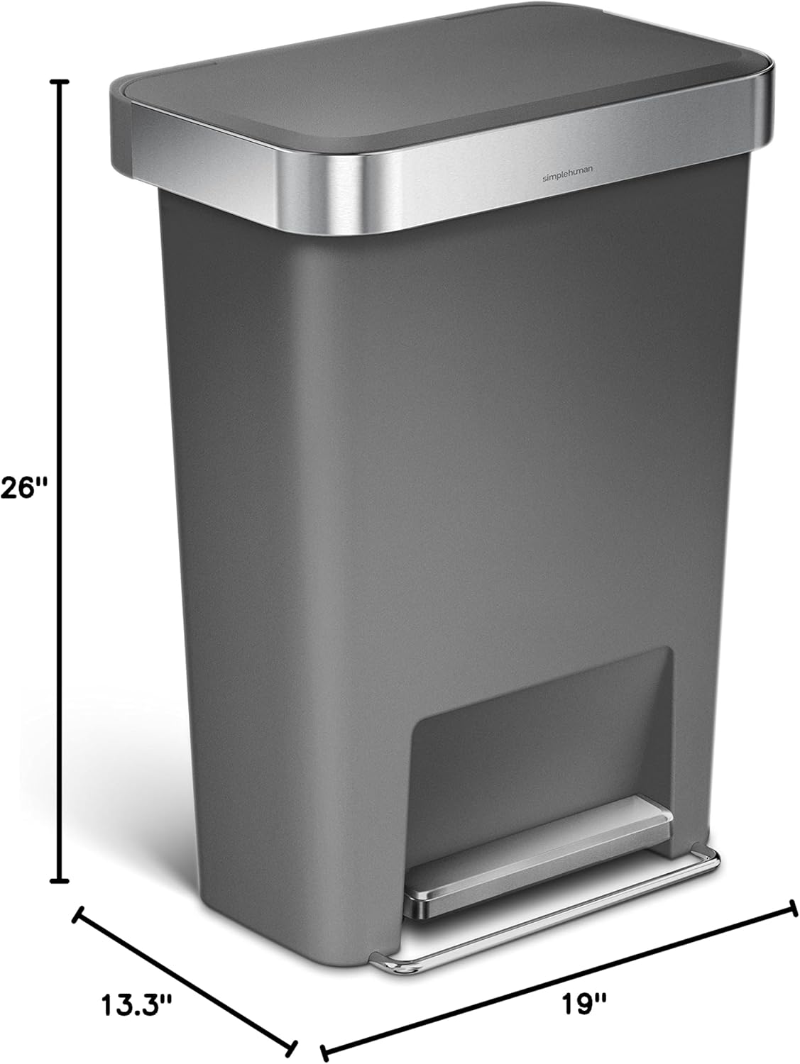 simplehuman 45 Liter / 12 Gallon Rectangular Kitchen Step Trash Can with Soft-Close Lid, Grey Plastic simplehuman 45 Liter / 12 Gallon Rectangular Kitchen Step Trash Can with Soft-Close Lid, Grey Plastic
