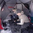Eskimo Outbreak 850XDP, Pop-Up Portable Ice Fishing Shelter, No-Trip Door, 7-9 Person, Red/Black, 50850