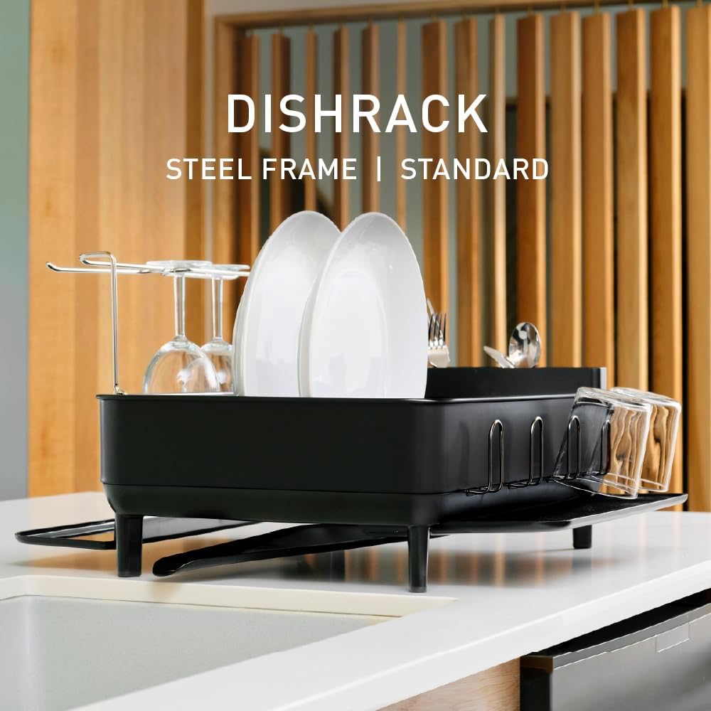 simplehuman Large Capacity Dish Drying Rack with Stainless Steel Frame, 360º Easy Drain Swivel Spout, Utensil & Wine Glass Holder, Anti-Residue Coating, Moisture Control Surface, Matte Black simplehuman Large Capacity Dish Drying Rack with Stainless Steel Frame, 360º Easy Drain Swivel Spout, Utensil & Wine Glass Holder, Anti-Residue Coating, Moisture Control Surface, Matte Black