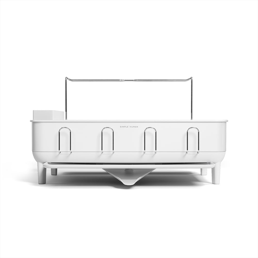 simplehuman Large Capacity Dish Drying Rack with Stainless Steel Frame, 360º Easy Drain Swivel Spout, Utensil & Wine Glass Holder, Anti-Residue Coating, Moisture Control Surface, White simplehuman Large Capacity Dish Drying Rack with Stainless Steel Frame, 360º Easy Drain Swivel Spout, Utensil & Wine Glass Holder, Anti-Residue Coating, Moisture Control Surface, White