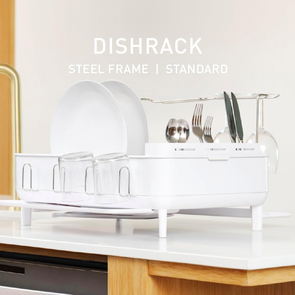 simplehuman Large Capacity Dish Drying Rack with Stainless Steel Frame, 360º Easy Drain Swivel Spout, Utensil & Wine Glass Holder, Anti-Residue Coating, Moisture Control Surface, White simplehuman Large Capacity Dish Drying Rack with Stainless Steel Frame, 360º Easy Drain Swivel Spout, Utensil & Wine Glass Holder, Anti-Residue Coating, Moisture Control Surface, White