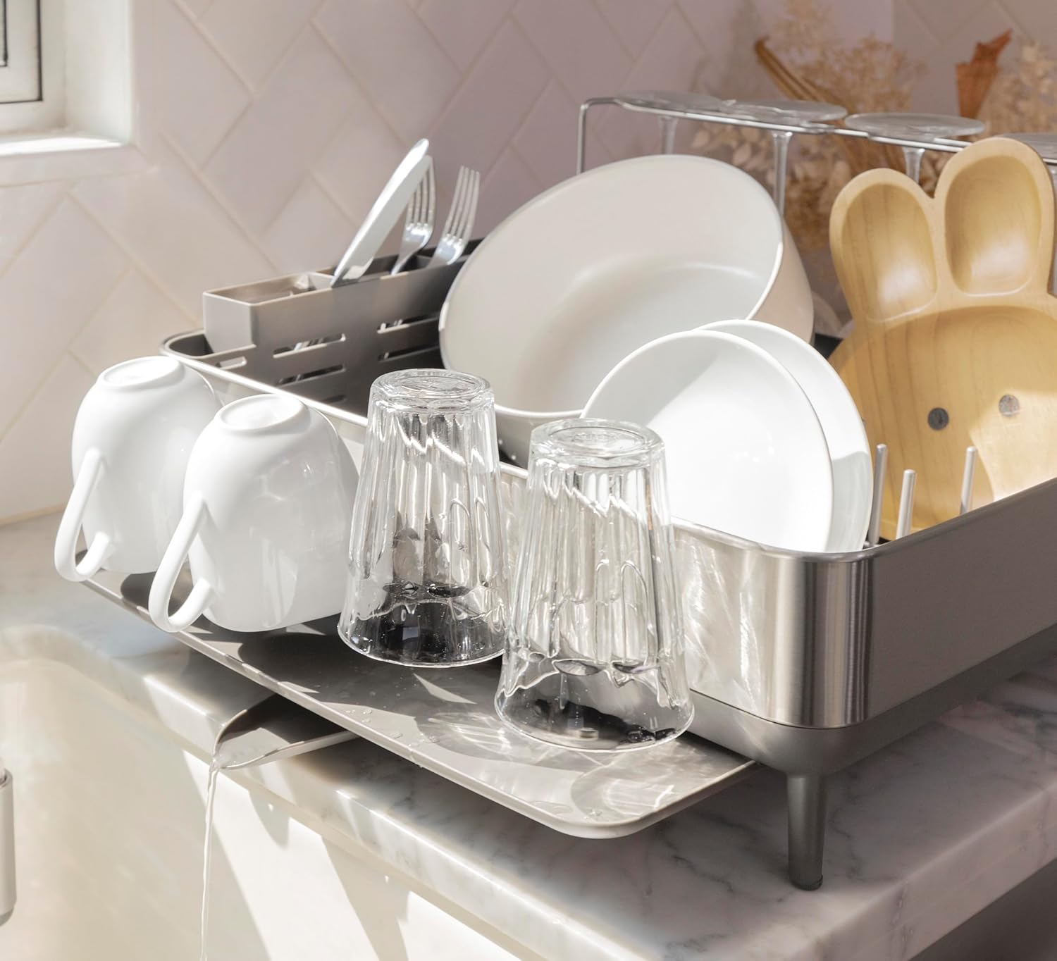 simplehuman Large Capacity Dish Drying Rack with Stainless Steel Frame, 360º Easy Drain Swivel Spout, Utensil & Wine Glass Holder, Anti-Residue Coating, Moisture Control Surface, Grey simplehuman Large Capacity Dish Drying Rack with Stainless Steel Frame, 360º Easy Drain Swivel Spout, Utensil & Wine Glass Holder, Anti-Residue Coating, Moisture Control Surface, Grey