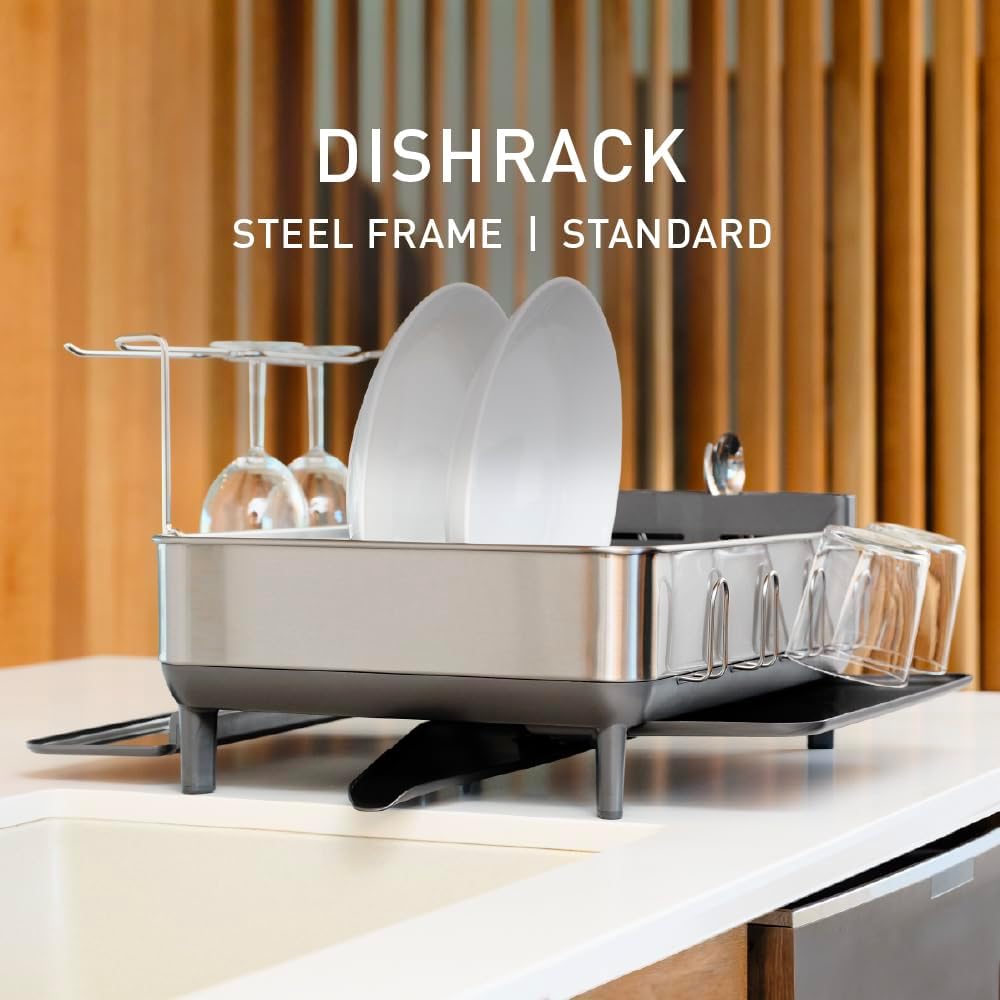 simplehuman Large Capacity Dish Drying Rack with Stainless Steel Frame, 360º Easy Drain Swivel Spout, Utensil & Wine Glass Holder, Anti-Residue Coating, Moisture Control Surface, Grey simplehuman Large Capacity Dish Drying Rack with Stainless Steel Frame, 360º Easy Drain Swivel Spout, Utensil & Wine Glass Holder, Anti-Residue Coating, Moisture Control Surface, Grey