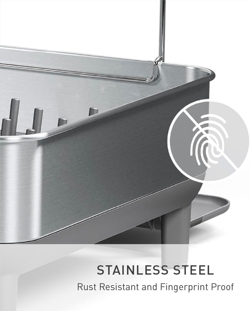 simplehuman Large Capacity Dish Drying Rack with Stainless Steel Frame, 360º Easy Drain Swivel Spout, Utensil & Wine Glass Holder, Anti-Residue Coating, Moisture Control Surface, Grey simplehuman Large Capacity Dish Drying Rack with Stainless Steel Frame, 360º Easy Drain Swivel Spout, Utensil & Wine Glass Holder, Anti-Residue Coating, Moisture Control Surface, Grey