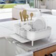 simplehuman Compact Dish Drying Rack with Stainless Steel Frame, 360º Easy Drain Swivel Spout, Utensil Holder, Anti-Residue Coating, Moisture Control Surface, White