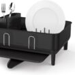 simplehuman Compact Dish Drying Rack with Stainless Steel Frame, 360º Easy Drain Swivel Spout, Utensil Holder, Anti-Residue Coating, Moisture Control Surface, Matte Black