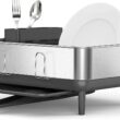 simplehuman Compact Dish Drying Rack with Stainless Steel Frame, 360º Easy Drain Swivel Spout, Utensil Holder, Anti-Residue Coating, Moisture Control Surface, Grey