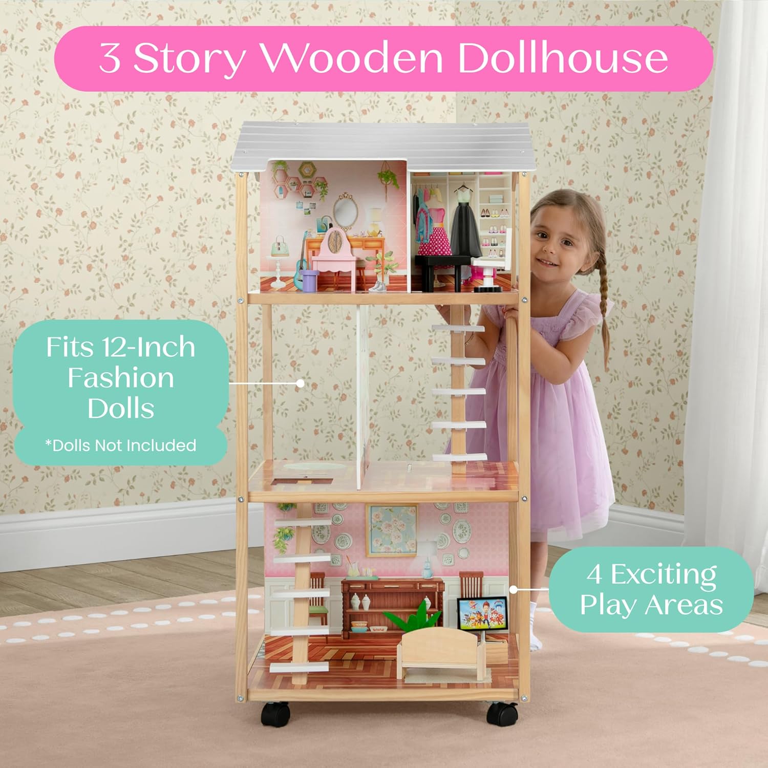 Delta Children Moveable Mansion Dollhouse - 360-Degree Play Dollhouse with Wheeled Base - Includes 16 Accessories - Fits 12-inch Dolls - Pretend Play Dream Gift for Ages 3+ Delta Children Moveable Mansion Dollhouse - 360-Degree Play Dollhouse with Wheeled Base - Includes 16 Accessories - Fits 12-inch Dolls - Pretend Play Dream Gift for Ages 3+