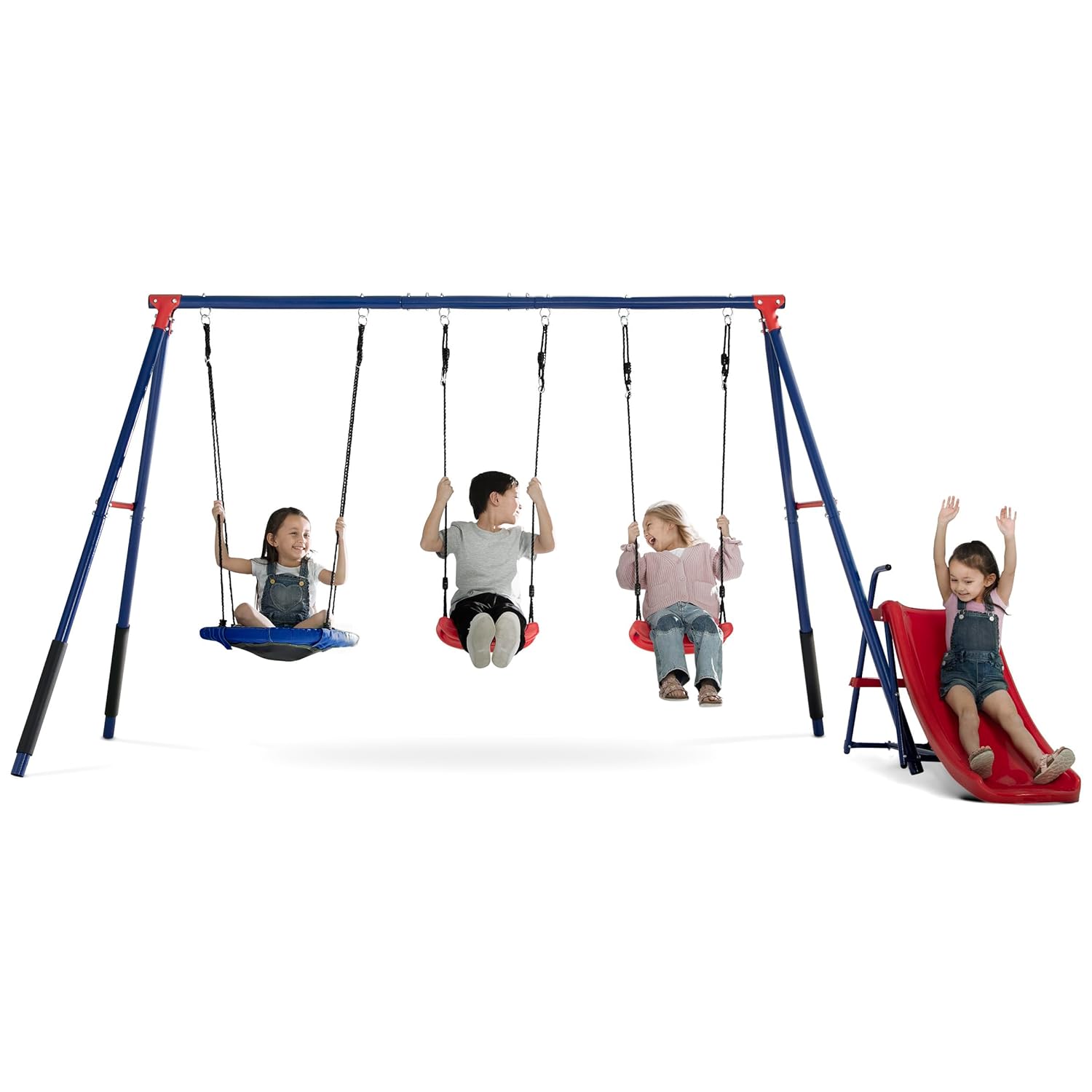 Delta Children FunZone Outdoor Metal 4-Piece Swing Set - Includes 2 Swings, 1 Disc/Saucer Swing and Slide, Blue/Red Delta Children FunZone Outdoor Metal 4-Piece Swing Set - Includes 2 Swings, 1 Disc/Saucer Swing and Slide, Blue/Red
