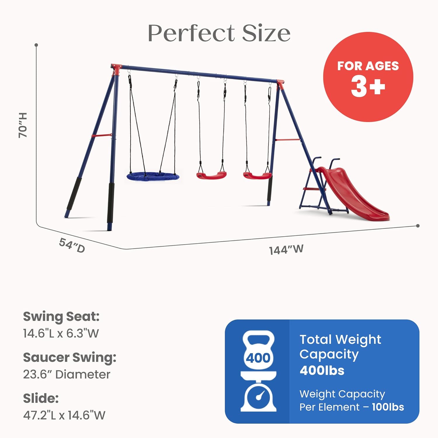 Delta Children FunZone Outdoor Metal 4-Piece Swing Set - Includes 2 Swings, 1 Disc/Saucer Swing and Slide, Blue/Red Delta Children FunZone Outdoor Metal 4-Piece Swing Set - Includes 2 Swings, 1 Disc/Saucer Swing and Slide, Blue/Red