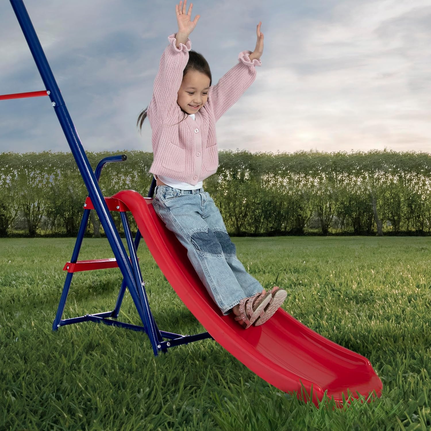 Delta Children FunZone Outdoor Metal 4-Piece Swing Set - Includes 2 Swings, 1 Disc/Saucer Swing and Slide, Blue/Red Delta Children FunZone Outdoor Metal 4-Piece Swing Set - Includes 2 Swings, 1 Disc/Saucer Swing and Slide, Blue/Red