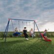 Delta Children FunZone Outdoor Metal 4-Piece Swing Set - Includes 2 Swings, 1 Disc/Saucer Swing and Slide, Blue/Red Delta Children FunZone Outdoor Metal 4-Piece Swing Set - Includes 2 Swings, 1 Disc/Saucer Swing and Slide, Blue/Red