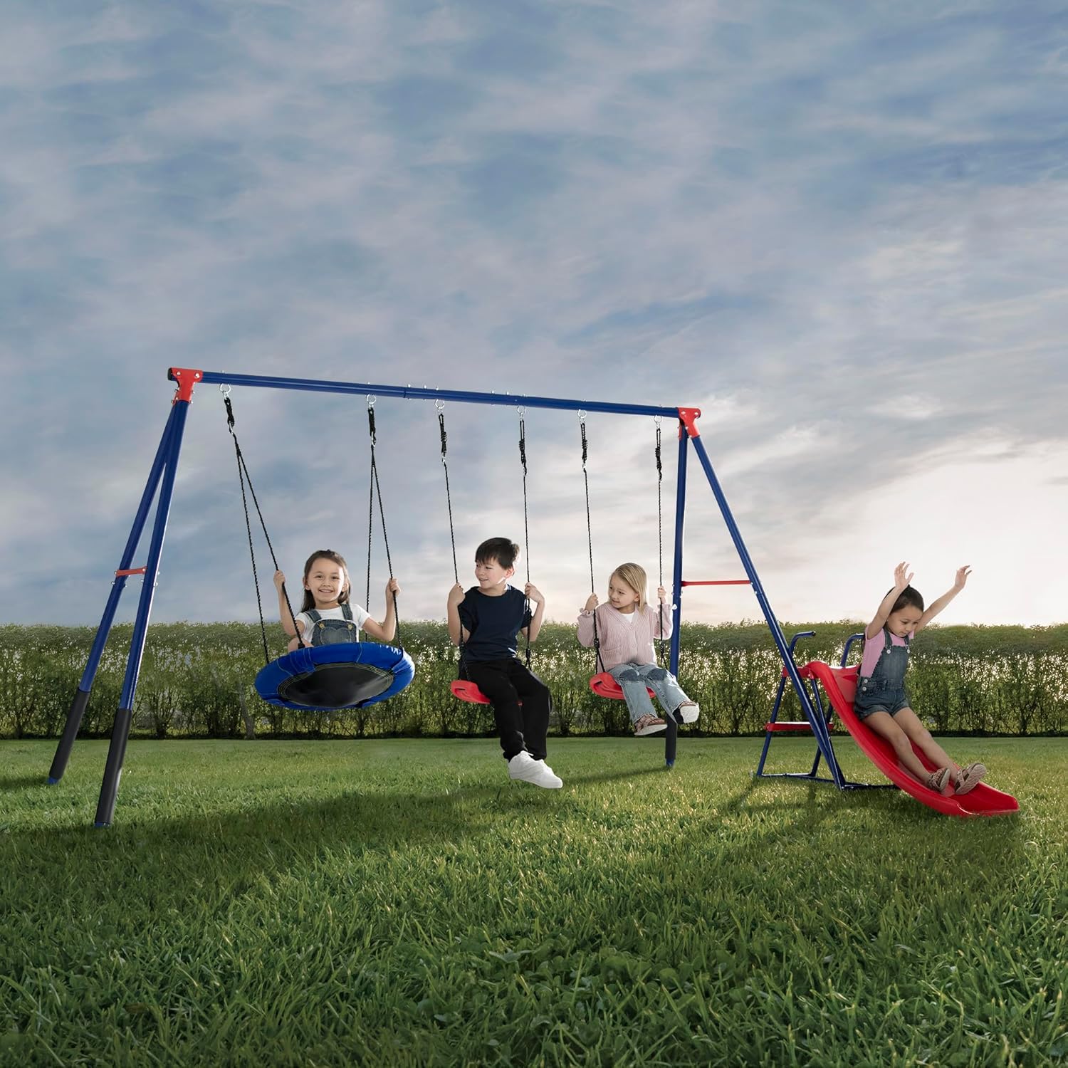 Delta Children FunZone Outdoor Metal 4-Piece Swing Set - Includes 2 Swings, 1 Disc/Saucer Swing and Slide, Blue/Red Delta Children FunZone Outdoor Metal 4-Piece Swing Set - Includes 2 Swings, 1 Disc/Saucer Swing and Slide, Blue/Red