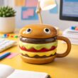 300ml Ceramic Hamburger Mug with Lid – Cute Cartoon Coffee, Milk & Breakfast Cup