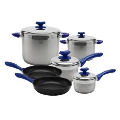 YBM HOME 18/10 Tri-Ply Stainless Steel Pots and Pans Cookware Set Includes Saucepans Stockpots and Frying Pans, Induction Compatible Dishwasher Safe 10 Pieces, Blue