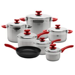 YBM HOME 18/10 Tri-Ply Stainless Steel Pots and Pans Cookware Set Includes Saucepans Stockpots and Frying Pans, Induction Compatible Dishwasher Safe 13 Pieces, Red