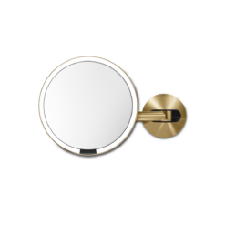 simplehuman Sensor Mirror, Wall Mount Makeup Mirror with Light, 8" Round Lighted with Magnification (5X), Hard Wired, Swing Arm, Brass Stainless Steel