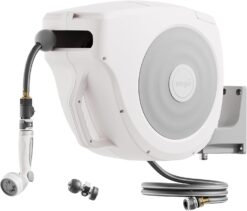 Garden Hose Reel Retractable 1/2" x 130ft Wall Mounted Hose Reel Automatic Rewind, Any Length Lock with 9 Patterns Sprayer Nozzle, Quick Connector and Adjustable shot Nozzle- Cloud White