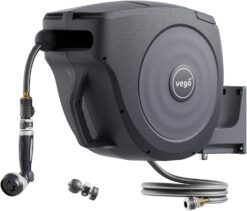 Vego Garden Hose Reel Retractable 1/2" x 100ft Wall Mounted Hose Reel Automatic Rewind, Any Length Lock with 9 Patterns Sprayer Nozzle, Quick Connector and Adjustable shot Nozzle