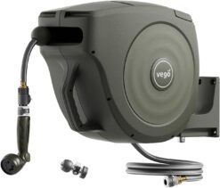 Vego Garden Hose Reel Retractable 1/2" x 100ft Wall Mounted Hose Reel Automatic Rewind, Any Length Lock with 9 Patterns Sprayer Nozzle, Quick Connector and Adjustable shot Nozzle