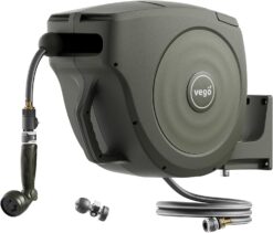 Garden Hose Reel Retractable 1/2" x 65ft Wall Mounted Hose Reel Automatic Rewind, Any Length Lock with 9 Patterns Sprayer Nozzle, Quick Connector and Adjustable shot Nozzle-Seaweed Green