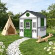 GDFStudio Virex Farmhouse Solid Wood Outdoor Kids Playhouse with Convertible Design and Planter Flower Pot - Dark Grey+Green+White