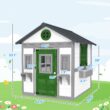 GDFStudio Virex Farmhouse Solid Wood Outdoor Kids Playhouse with Convertible Design and Planter Flower Pot - Dark Grey+Green+White
