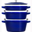 STAUB Cast Iron Set 4-pc Stackable Space-Saving Cookware Set Dutch Oven with Universal Lid Made in France Dark Blue