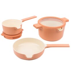 alva Neat 5-Piece Nested Ceramic Cookware Set PFAS and PFOA-Free Ceramic Nonstick Stackable Cookware Set Peach