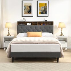 GZMR King Dark Gray Bed Frame Storage with Headboard