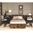 GZMR Queen Black+Brown Metal Bed Frame Storage with Headboard