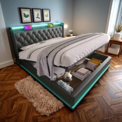 SINOFURN Queen Black Tufted Bed Frame Storage with Headboard