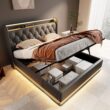 SINOFURN Queen Black Tufted Bed Frame Storage with Headboard