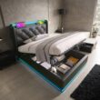 SINOFURN Twin Black Tufted Bed Frame Storage with Headboard
