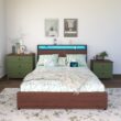 GZMR King Brown Metal Bed Frame Storage with Headboard